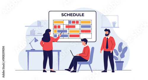 Flat vector illustration of project team planning schedule with calendar board and timeline, showing organization, productivity, and teamwork management concept