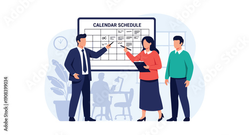 Flat vector illustration of project team planning schedule with calendar board and timeline, showing organization, productivity, and teamwork management concept
