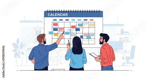 Flat vector illustration of project team planning schedule with calendar board and timeline, showing organization, productivity, and teamwork management concept