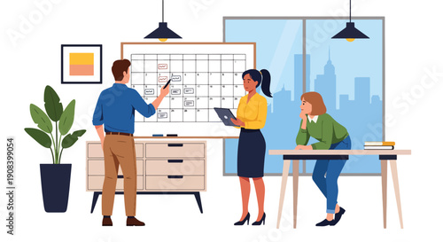 Flat vector illustration of project team planning schedule with calendar board and timeline, showing organization, productivity, and teamwork management concept
