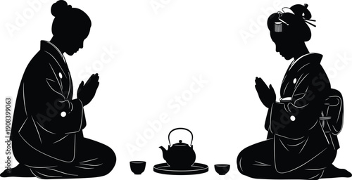Japanese geisha women silhouette wearing traditional kimono during tea ceremony, spiritual zen culture, oriental woman praying and meditation, vector illustration.