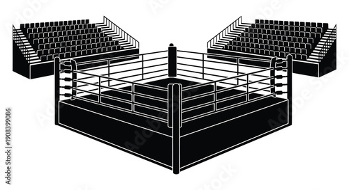 A stark black and white illustration depicts an empty boxing ring surrounded by stadium seating high quality professional detailed modern