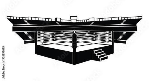 A stark black and white illustration depicts a wrestling ring surrounded by tiered stadium seating empty and prepared