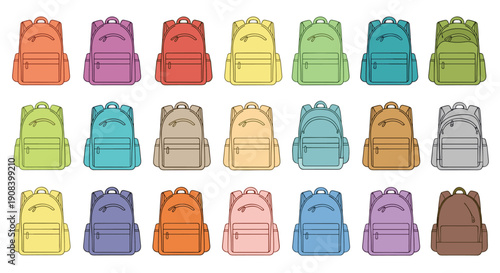 Large collection of school backpacks in a wide variety of bright colors is neatly arranged in a grid on a white background.