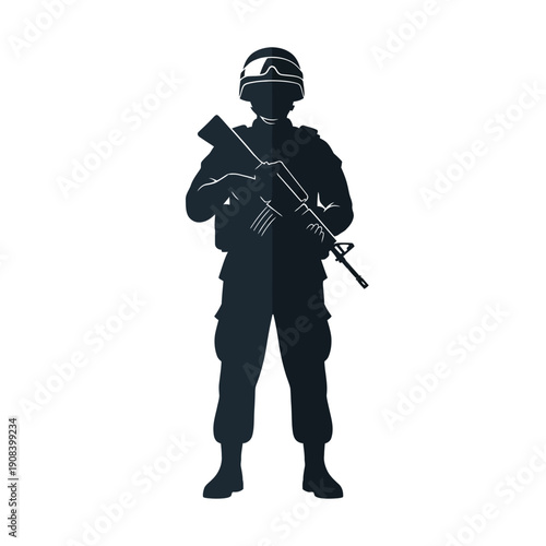 Silhouette of a soldier holding a rifle, standing guard, military concept