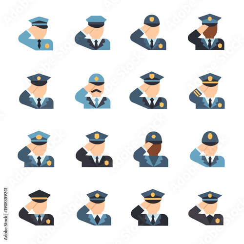 Police Officers Saluting Icons Set. Diverse Law Enforcement Uniforms and Ranks.