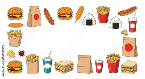 Wide assortment of fast food items like burgers, fries, sandwiches, and drinks are arranged to form a rectangular border around empty space.