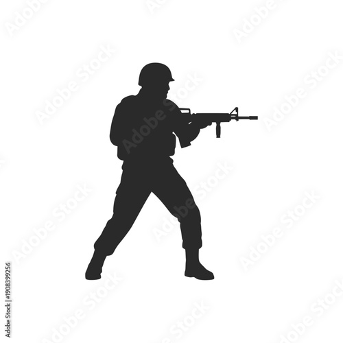 Silhouette of a soldier aiming a rifle, military, combat, action, defense, army, weapon, uniform