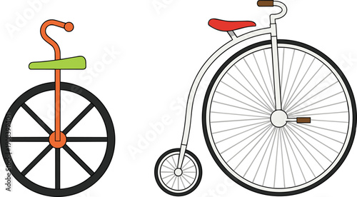 Vintage penny farthing bicycle and colorful unicycle illustrations retro cycling transport vehicles vector design collection set