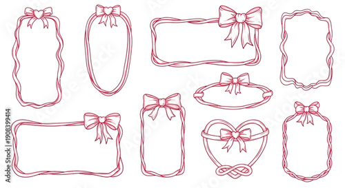 Collection of hand drawn red frames and labels adorned with decorative bows