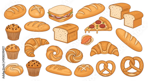 Large collection of diverse bread types and pastries including loaves, muffins, croissants, pretzels, and pizza is shown on a white background.
