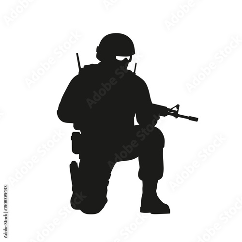 Soldier silhouette kneeling with rifle, military, tactical, action, combat, army