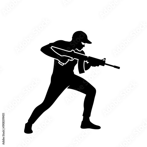 Silhouette of a soldier aiming a rifle, dynamic action pose, military, combat, tactical