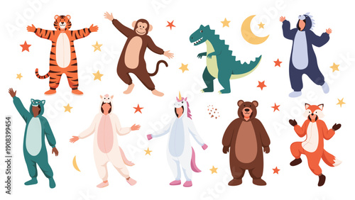 Diverse characters wearing cute animal onesies like tigers monkeys dinosaurs and unicorns at a costume party under a crescent moon.