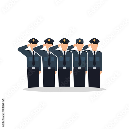 Five police officers in uniform saluting in a line, representing law enforcement and authority.