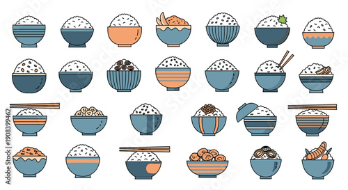 Extensive set of diverse rice bowls with various toppings and styles is neatly organized in a grid layout on a white background.