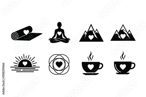 Yoga, Meditation, Mountains, Coffee & Sunrise Icons with Heart