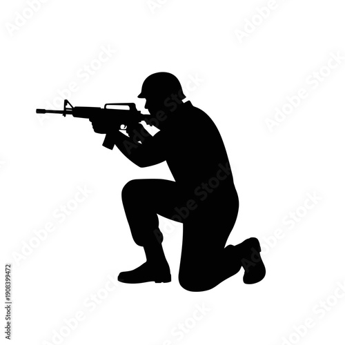 Soldier kneeling with rifle, silhouette, military action, aiming weapon, combat readiness