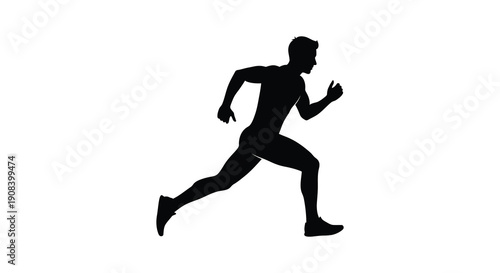 A stark silhouette depicts a man in full running motion emphasizing speed and athleticism against a white background