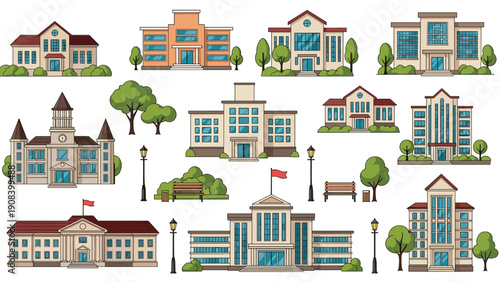 Set of modern public buildings and urban elements including schools libraries and city parks with trees benches and street lights.