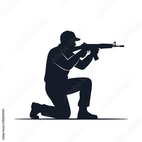 Soldier Kneeling Aiming Rifle Silhouette - Military Action Pose