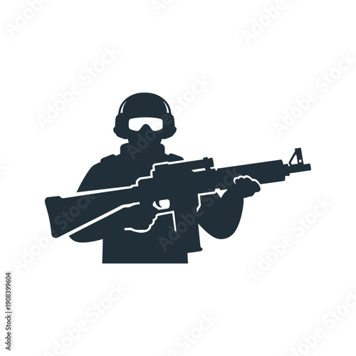 Silhouette of a soldier holding a rifle, ready for action, tactical gear, military, combat, warfare