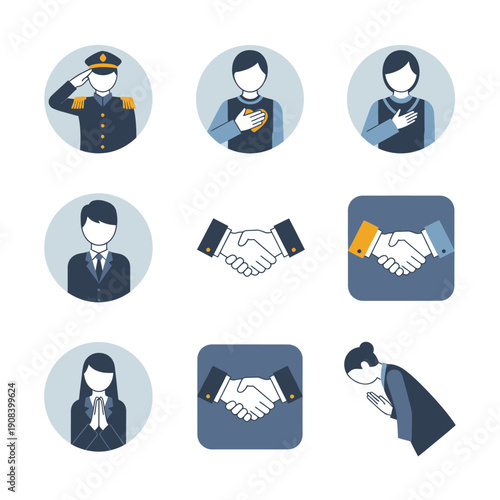 Business People Icons: Saluting, Handshake, Bowing, Respect, Greeting, Collaboration, Teamwork