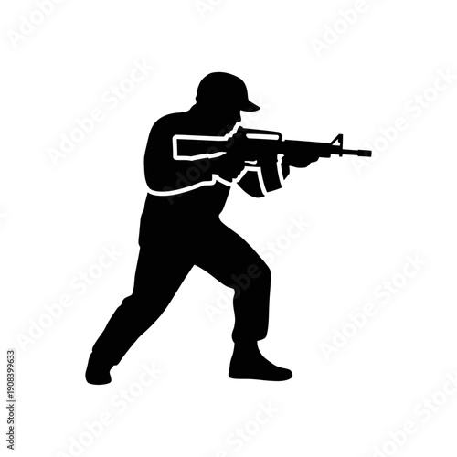 Silhouette of Soldier Aiming Assault Rifle, Tactical Combat Pose, Military Action