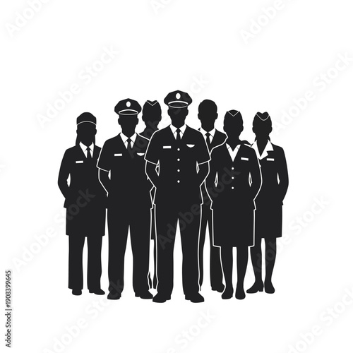 Diverse Aviation Crew Silhouette: Pilots, Flight Attendants, Ground Staff