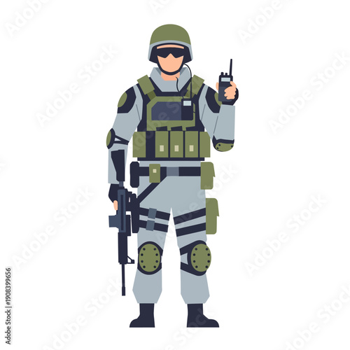 Soldier in tactical gear holding a rifle and radio, ready for combat