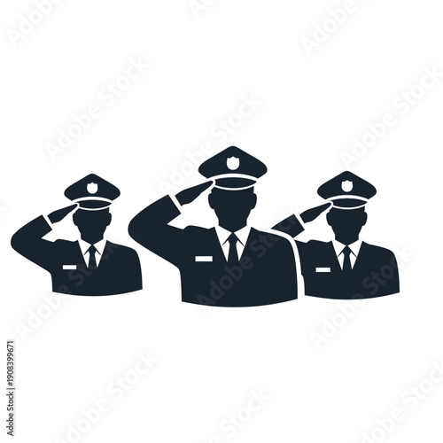 Three police officers saluting in uniform, symbol of law enforcement and authority