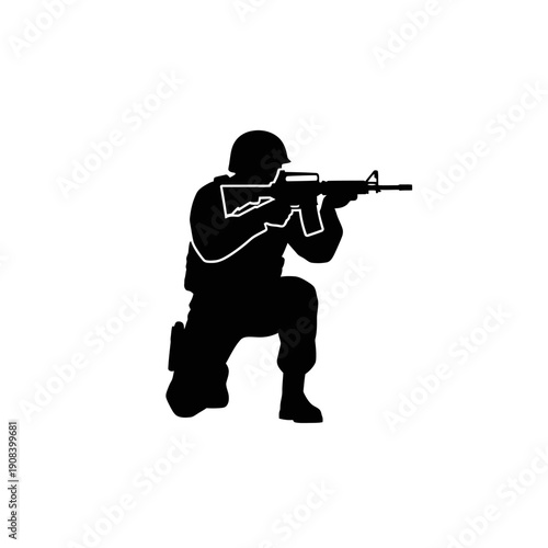 Silhouette of a soldier kneeling with a rifle, ready to fire, military action concept