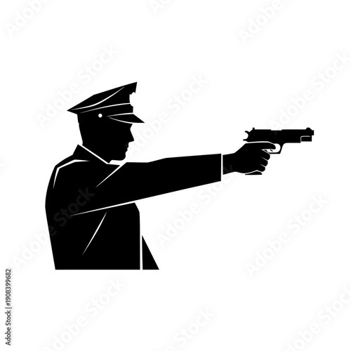 Police officer aiming pistol, law enforcement, security, crime prevention, action, danger, silhouette