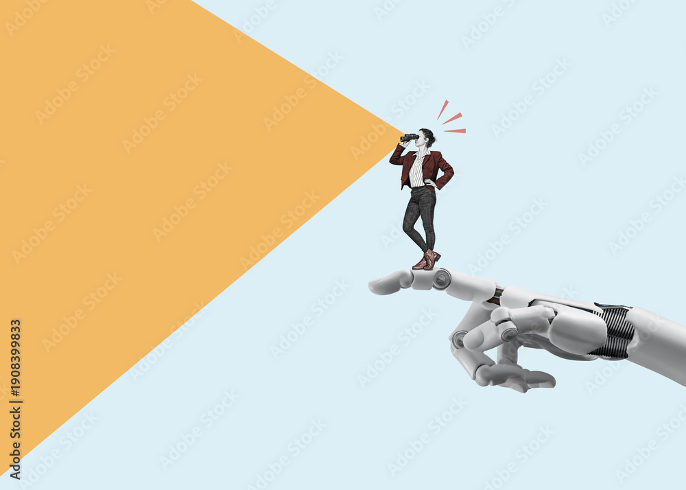 Naklejka premium Signpost - a ai robot hand shows the business woman with binoculars where to look. Business analytics and strategic. Find a way.