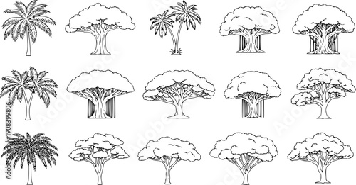 Tree silhouette icon collection, forest and pine tree vector set, nature foliage design bundle, simple black isolated tree shapes