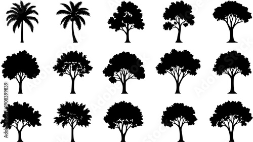 Tree silhouette icon collection, forest and pine tree vector set, nature foliage design bundle, simple black isolated tree shapes
