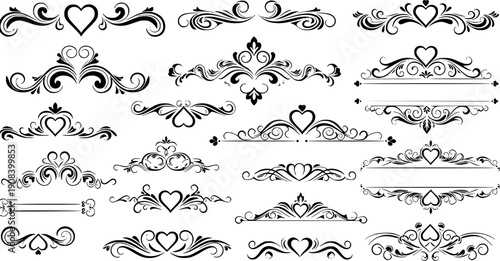 Black silhouette vector set of decorative heart shapes crowns swans and floral ornaments elegant symmetrical design elements for wedding invitations romantic style