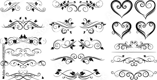 Black silhouette vector set of decorative heart shapes crowns swans and floral ornaments elegant symmetrical design elements for wedding invitations romantic style