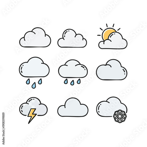A collection of simple cloud illustrations depicting various weather conditions including rain and sunshine from a straightforward viewpoint