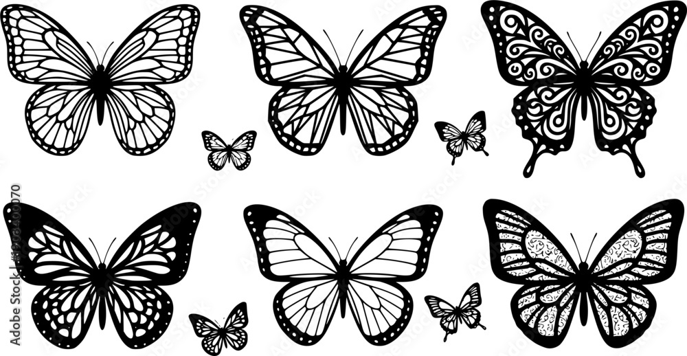 Fototapeta premium Flying butterflies silhouette black set isolated on transparent background