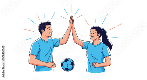 Male and female teammates celebrating victory with high five gesture over soccer ball in sport competition illustration.