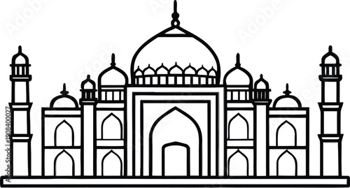 Taj Mahal Line Art Illustration Isolated on White