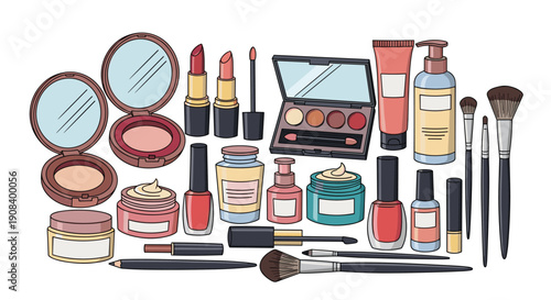 Detailed collection of diverse beauty and makeup products including brushes, lipsticks, creams, and mirrors is displayed in a group.