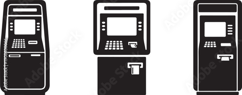 Black and white of three atm machines payment terminal bank finance