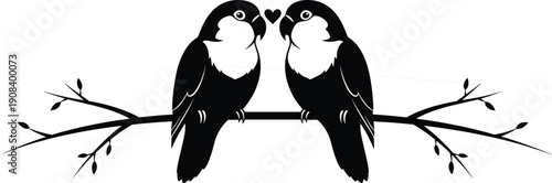 Pair of lovebirds perched on a tree branch with heart symbol, romantic nature illustration for wedding and anniversary card design.