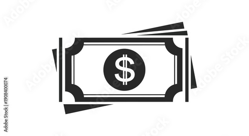 A stylized black and white graphic depicts multiple dollar bills stacked together featuring a prominent dollar sign