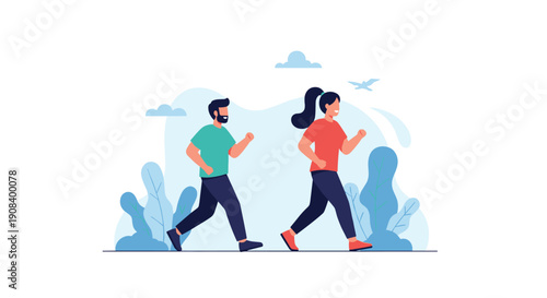 Healthy man and woman jogging together in green park environment with blue plants and sky background for wellness.