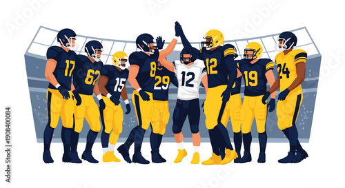 Modern flat vector illustration of american football sports team celebrating win with high-fives, showing unity, motivation, and success through teamwork concept.