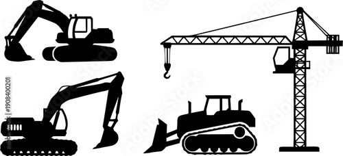 Farm machinery silhouette set, tractor harvester plow rake icons, agriculture equipment vector collection, isolated on white background.
