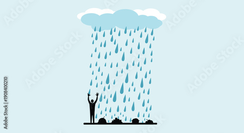 Silhouette of a person standing under heavy rain falling from a single cloud symbolizing depression or hard times.